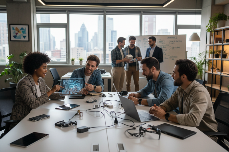 "Diverse team of young professionals working in a modern tech office, testing gadgets and discussing ideas, laptops and devices on desk, bright and creative atmosphere, realistic, high-quality photography style"