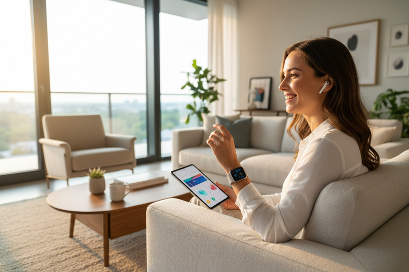 "Happy person using smart gadgets at home, wearing smartwatch, using wireless earbuds, modern minimalist room, natural light, lifestyle photography, realistic and vibrant"