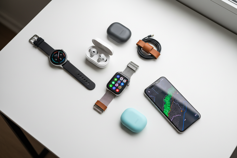 "Top-down view of modern tech gadgets on a clean, minimalist desk: wireless earbuds, smartwatches, portable chargers, sleek smartphone, bright natural lighting, vibrant and sharp colors, high-resolution, professional product photography style"